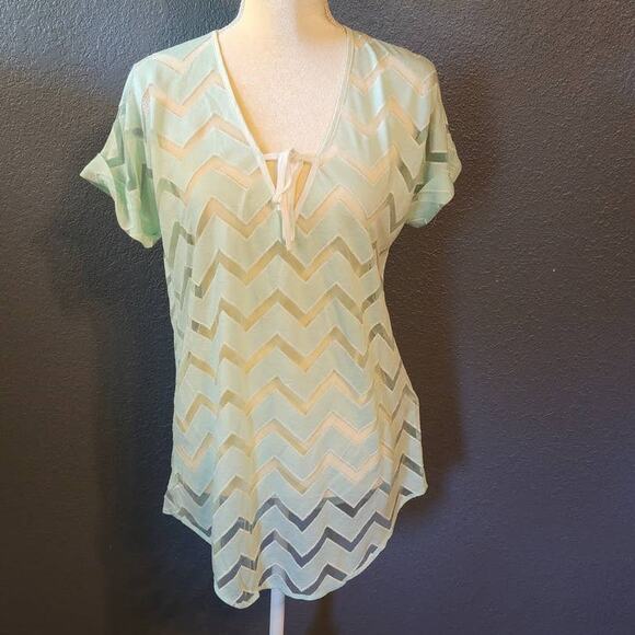 Francesca's women's sheer teal zig zag short sleeve blouse cover up size s/m - Picture 1 of 8
